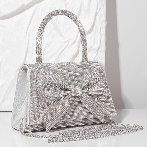 Evening Clutch Purse for Women Sparkly Bow Glitter Wedding Party Silver Bag - Picture 6 of 9